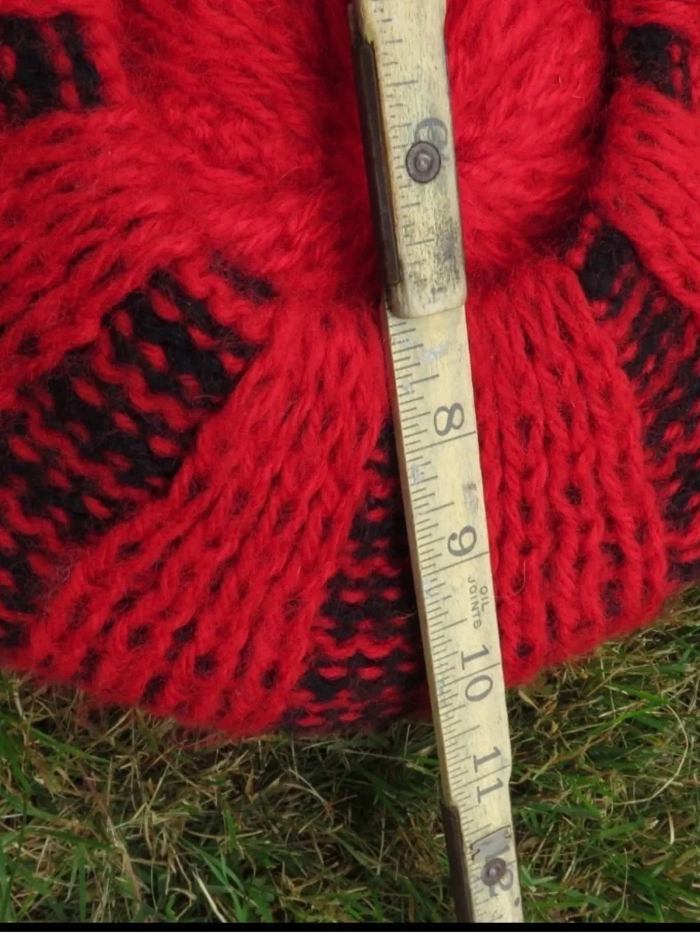 Chunky Red and Black Knit Beret with Pom Accent